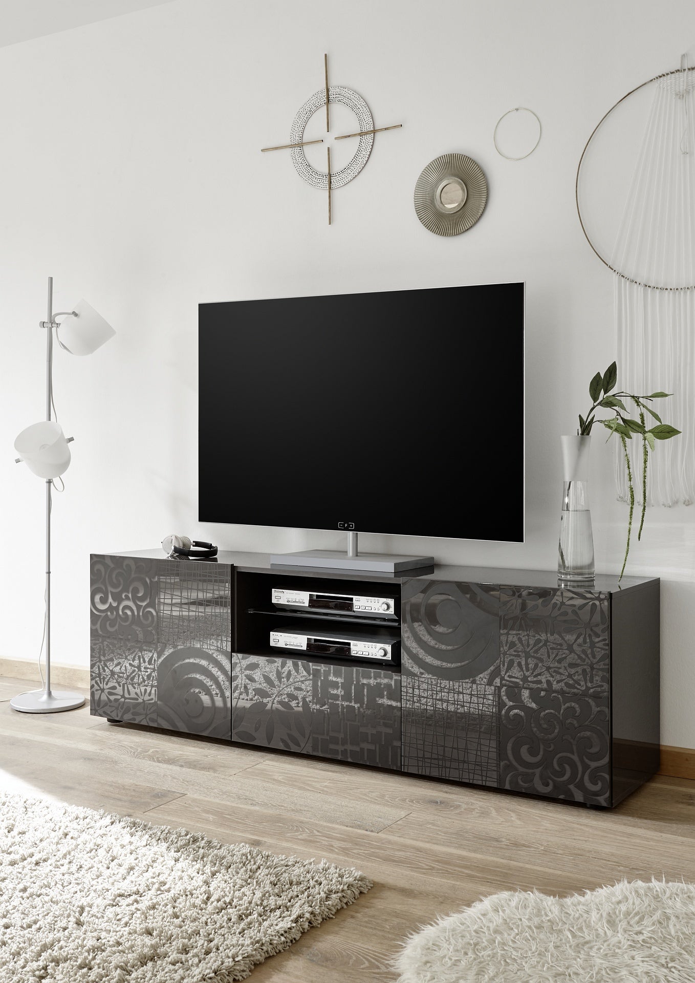 MIRO TV Base 2 Doors and 1 Drawer (Glossy Screen-Printed Grey)