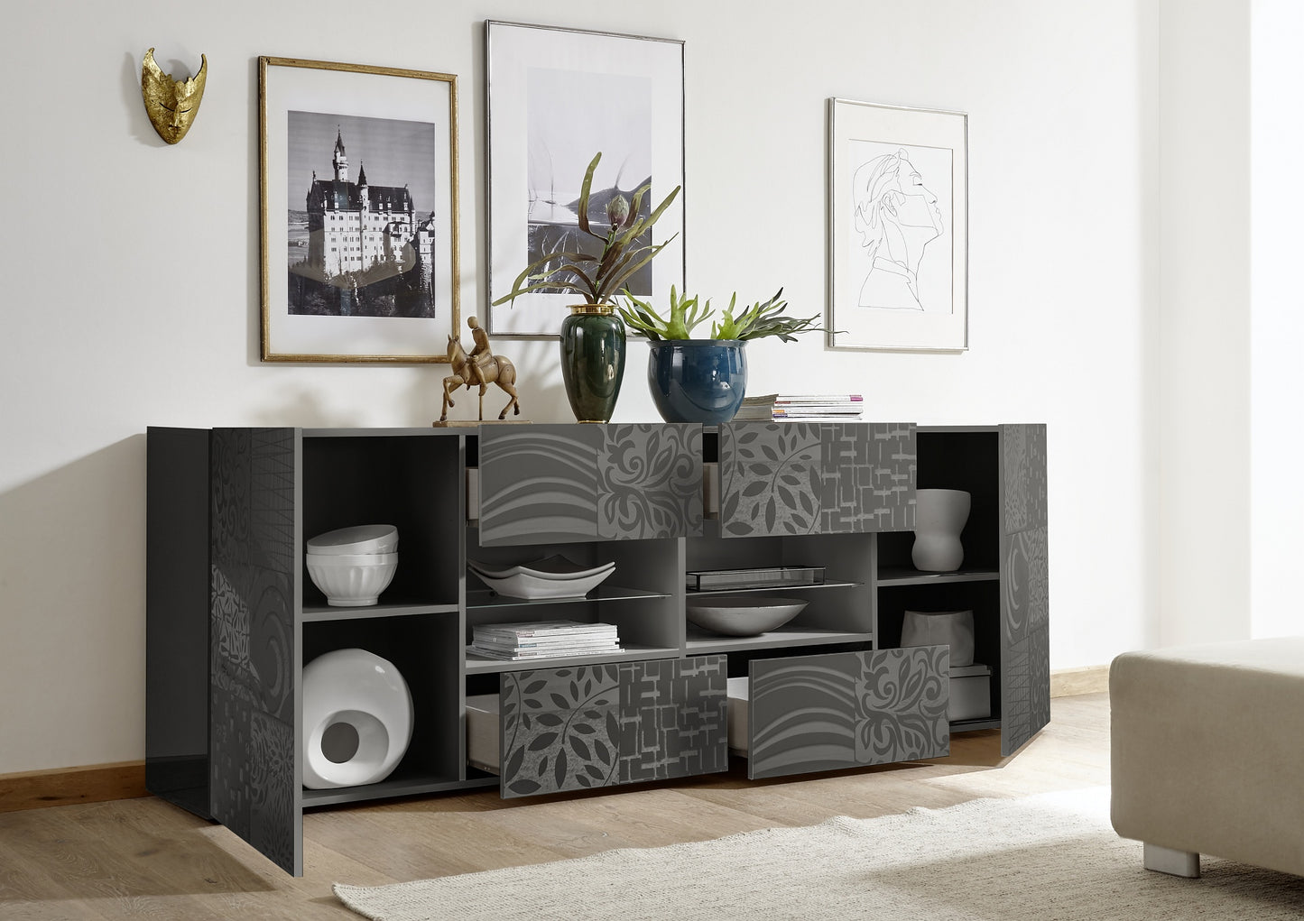 Sideboard 2 Doors and 4 Drawers MIRO (Screen-printed Glossy Grey) 20 23 83 - 08