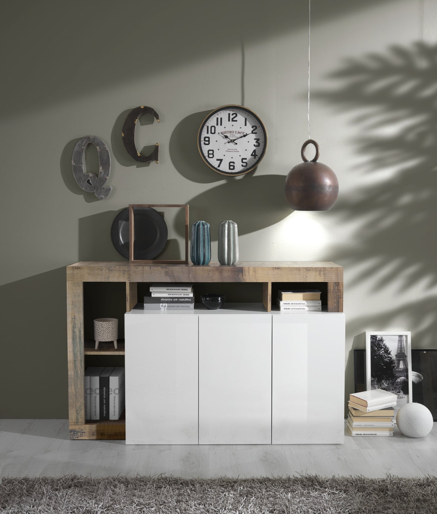HAMBURG 3-Door Sideboard (Glossy Lacquered White / Pear) 209030-05P